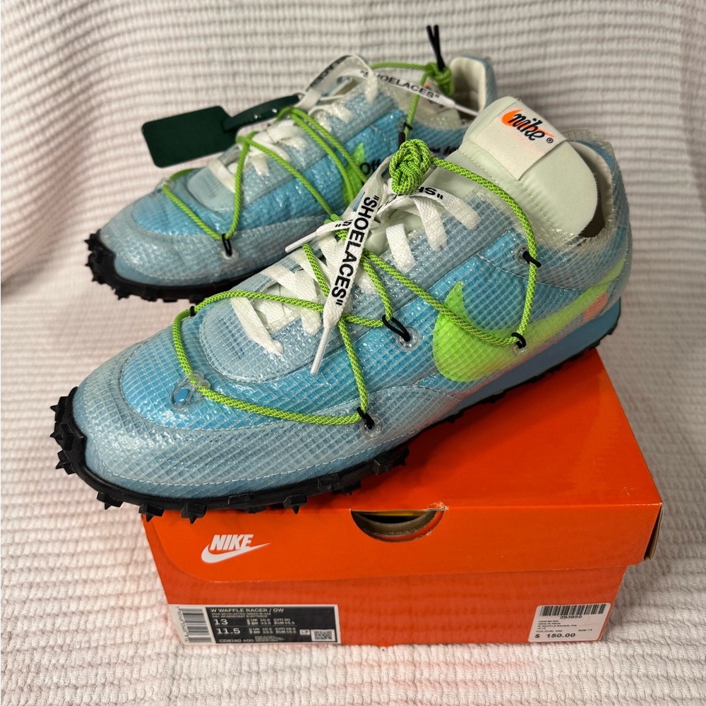 Nike W Waffle Racer x Off-White / Vivid Sky/Electric Grn / CD8180400 / mens 11.5